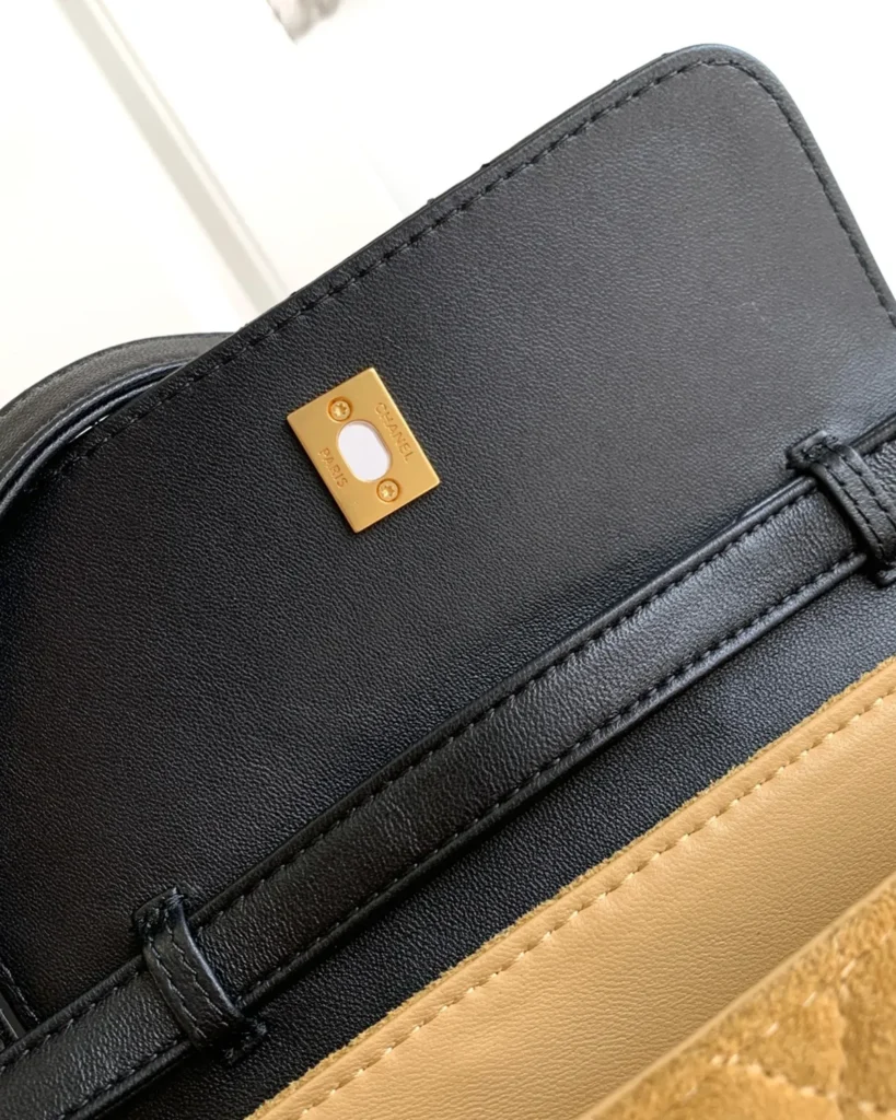 Tan and Black Quilted Flap Shoulder Bag — interior view