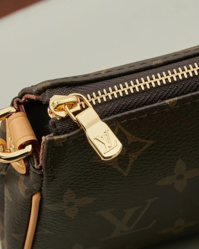 Brown Monogram Gold-Plate Chain Clutch — zipper view
