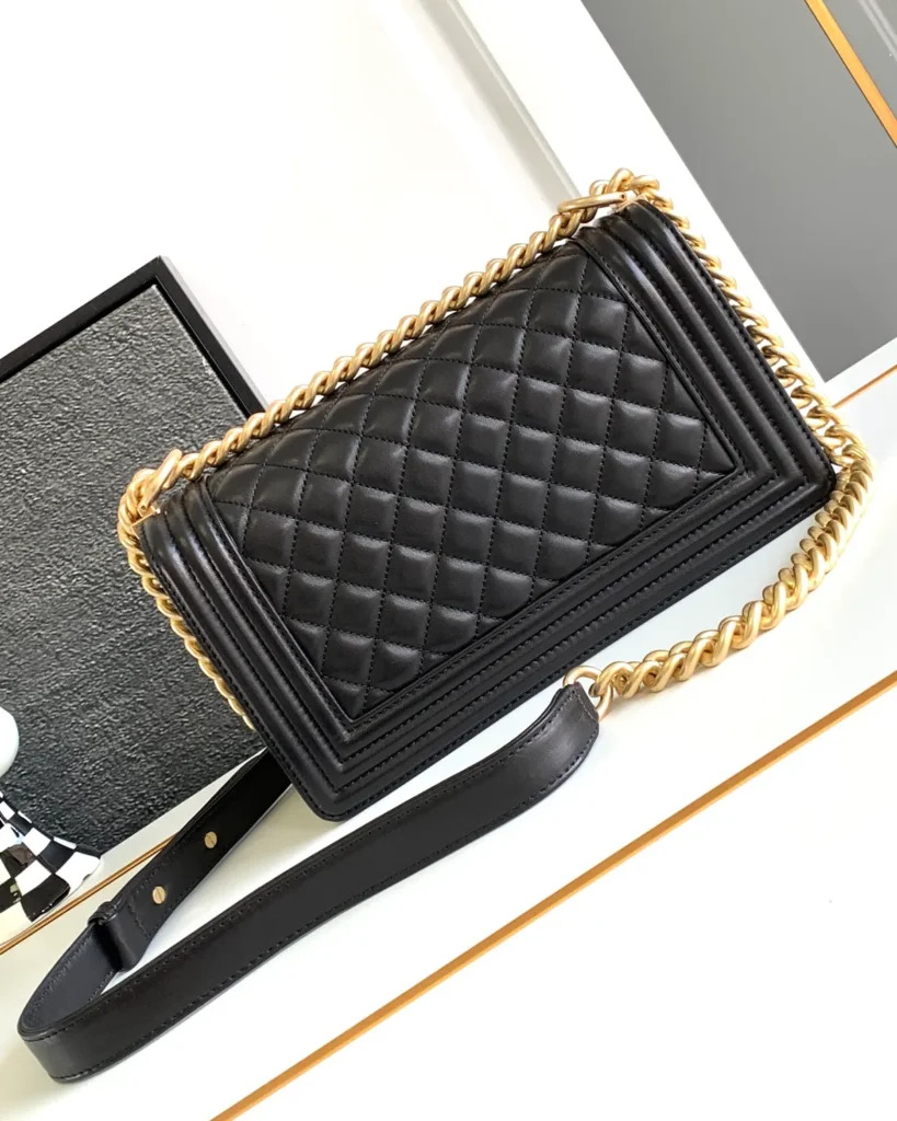 Black Quilted Frame Flap Chain Bag — rear view