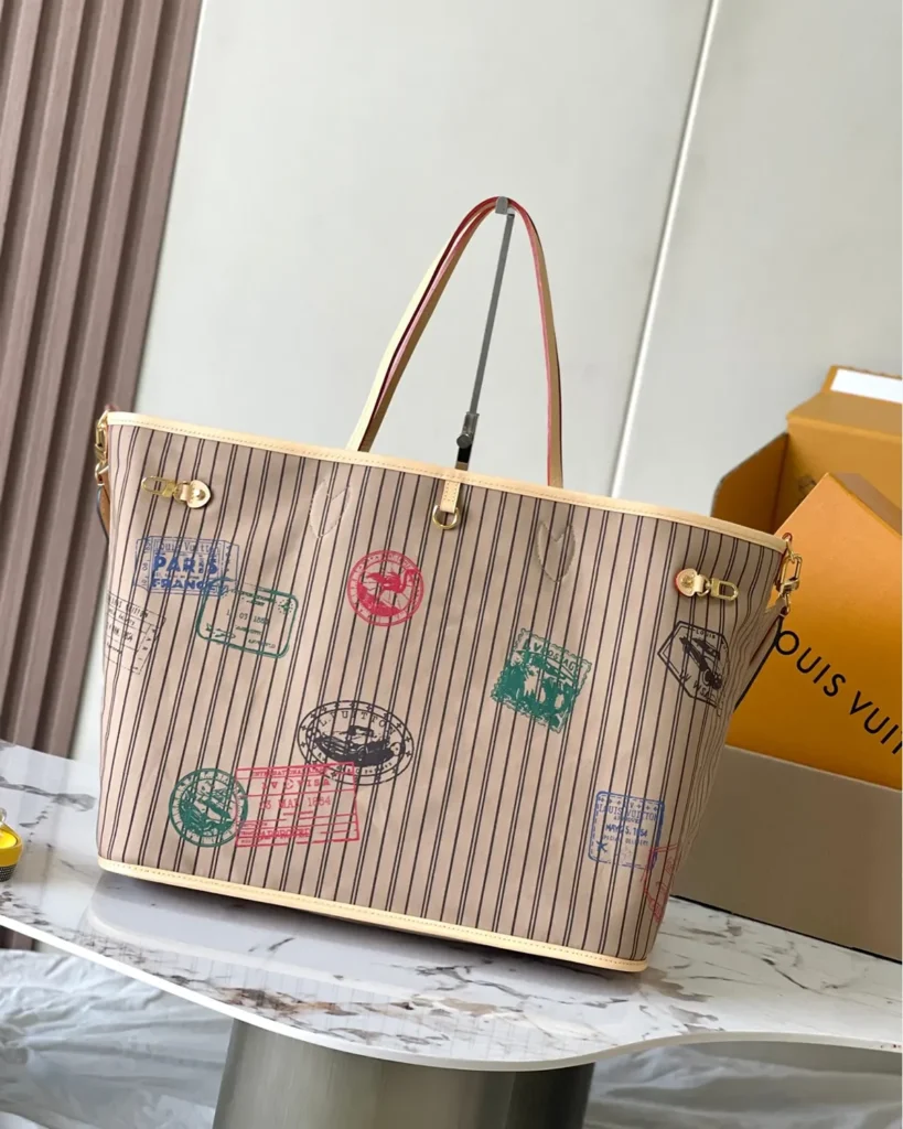 Beige Striped Stamp-Motif Reversible Tote — rear view