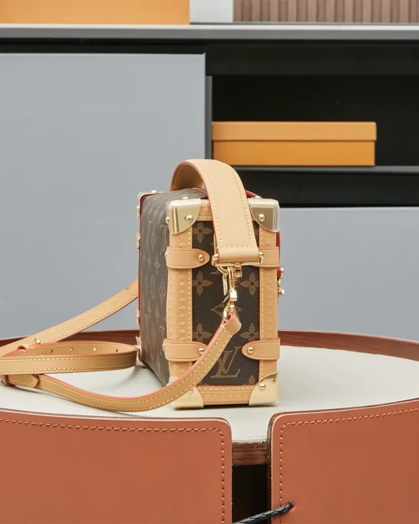 Brown Monogram Tan-Trim Shoulder Bag — side view
