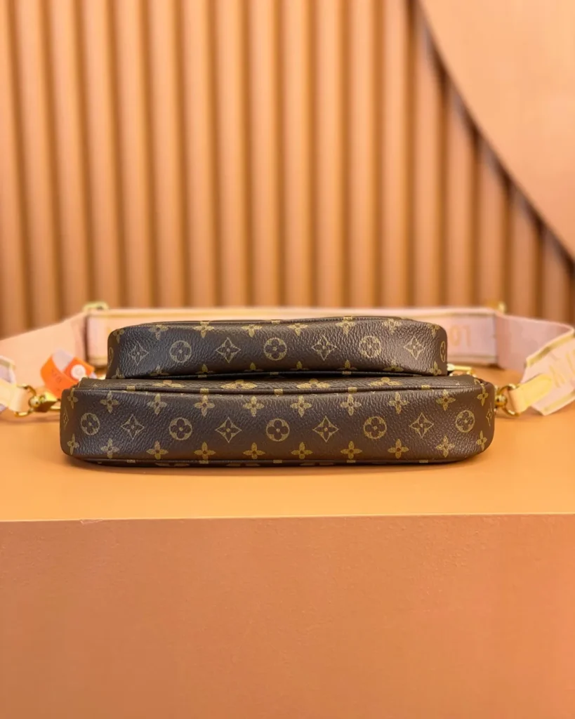 Brown Monogram Multi-Pouch Bag with Pink Strap — stacked base view