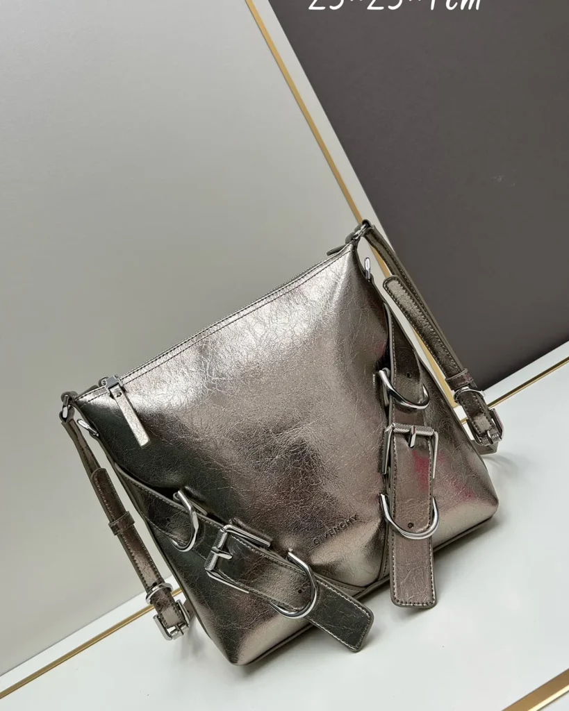 Metallic Silver Buckle Shoulder Bag — front angle view