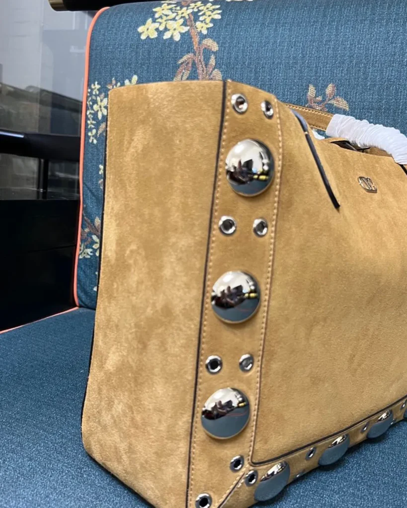 Brown Studded Long-Handle Tote — side view