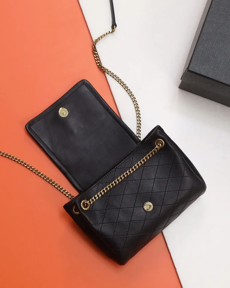 Black Diamond-Quilted Chain Flap Bag — open flap view
