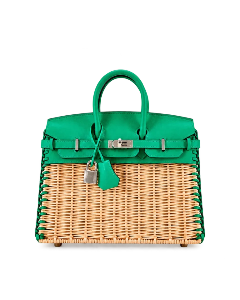 Birkin-Inspired 25 Green Woven Picnic Tote, front woven body and green trim
