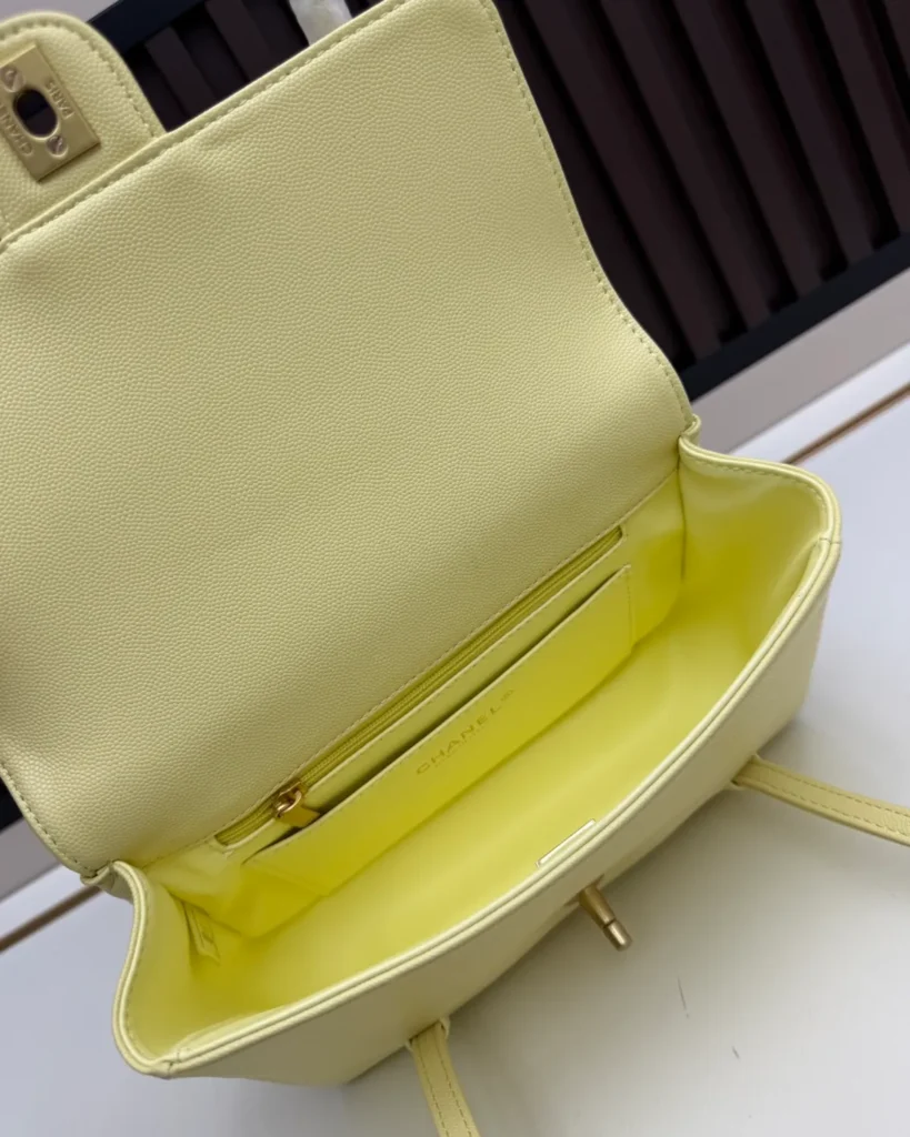 Pale Yellow Long-Handle Flap Bag — open interior view
