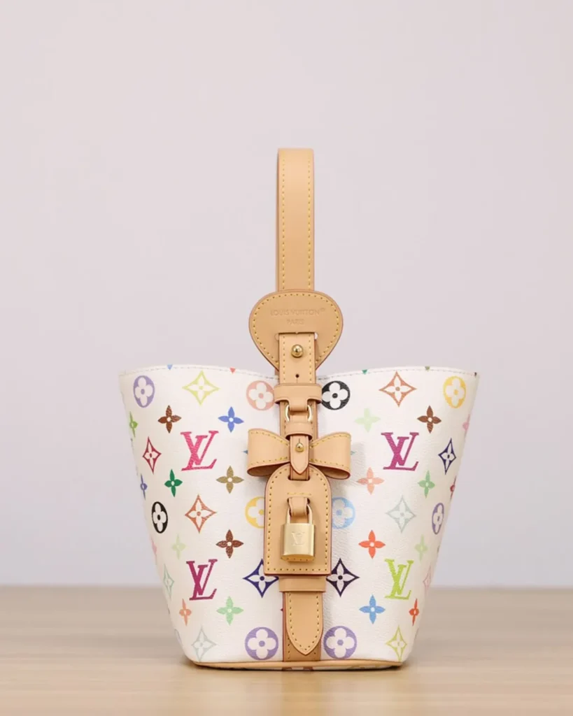 White Multicolor Monogram Bucket Bag — raised handle view