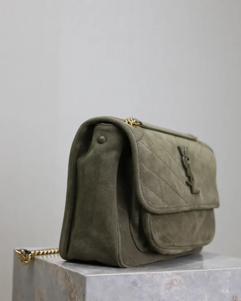 Olive Chevron Chain Flap Bag — side view