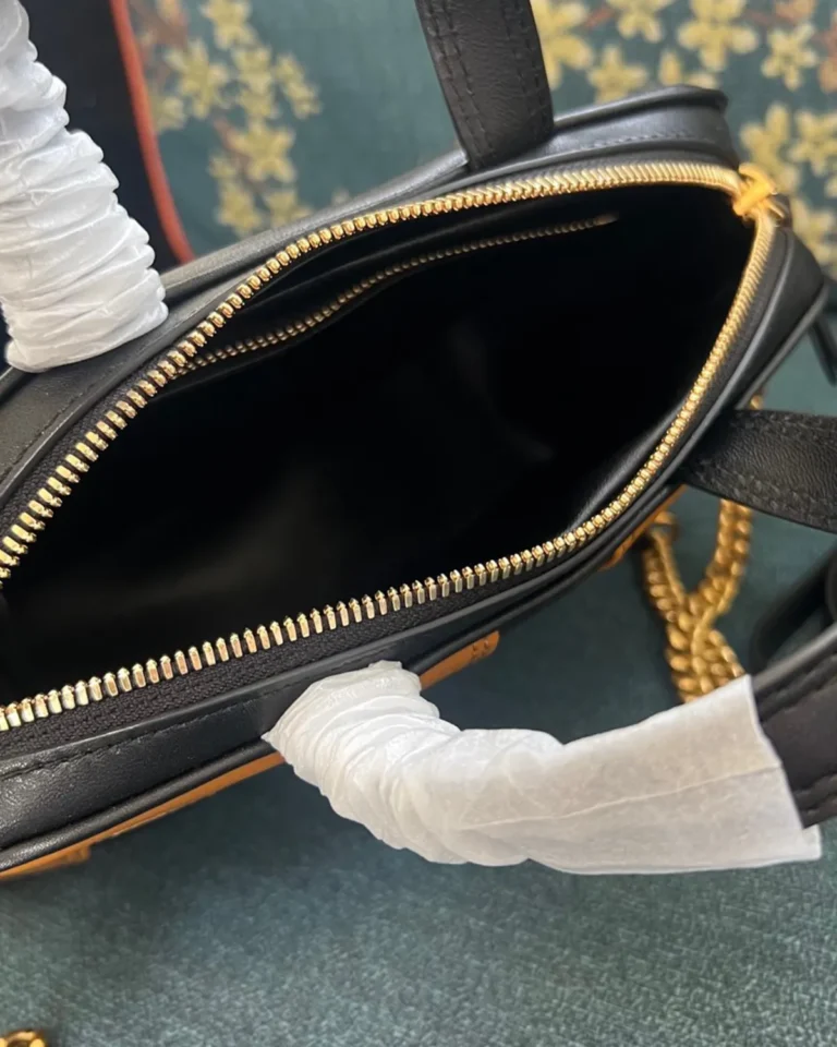Black and Tan V-Panel Zip Top-Handle Bag — open top view