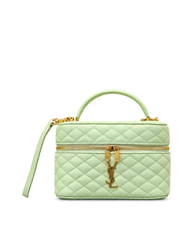 Pale Green Quilted Vanity Bag — front on plinth view