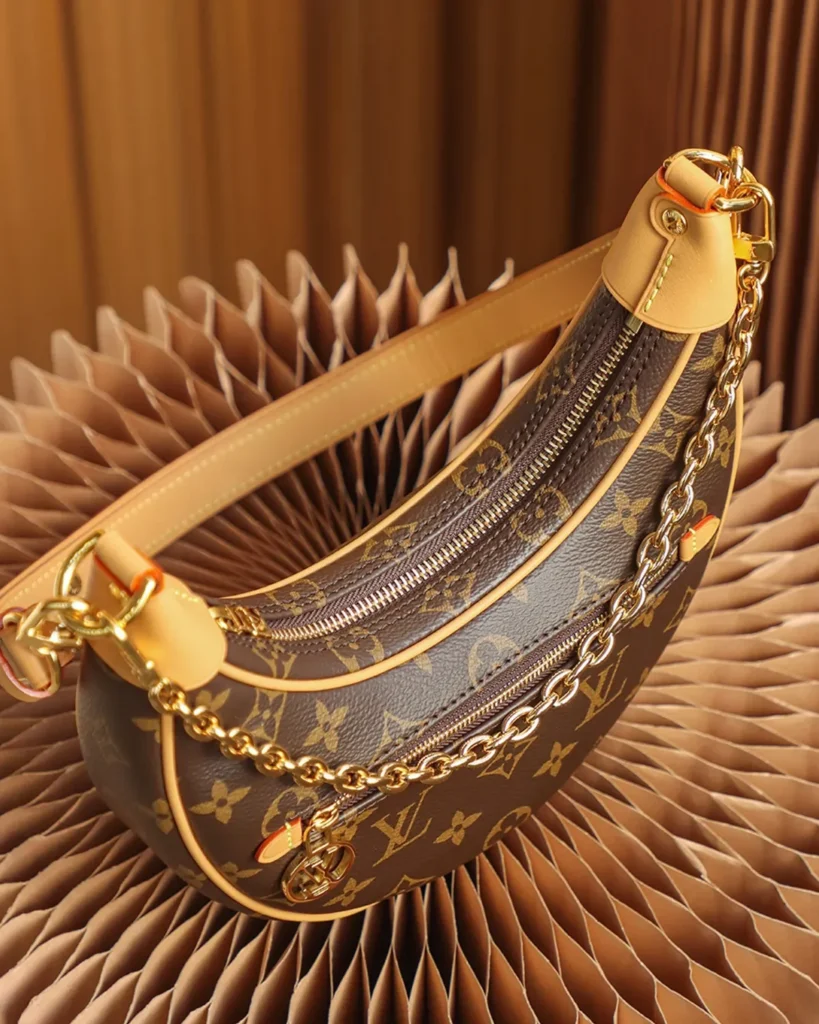 Brown Monogram Crescent Chain Shoulder Bag — top detail view