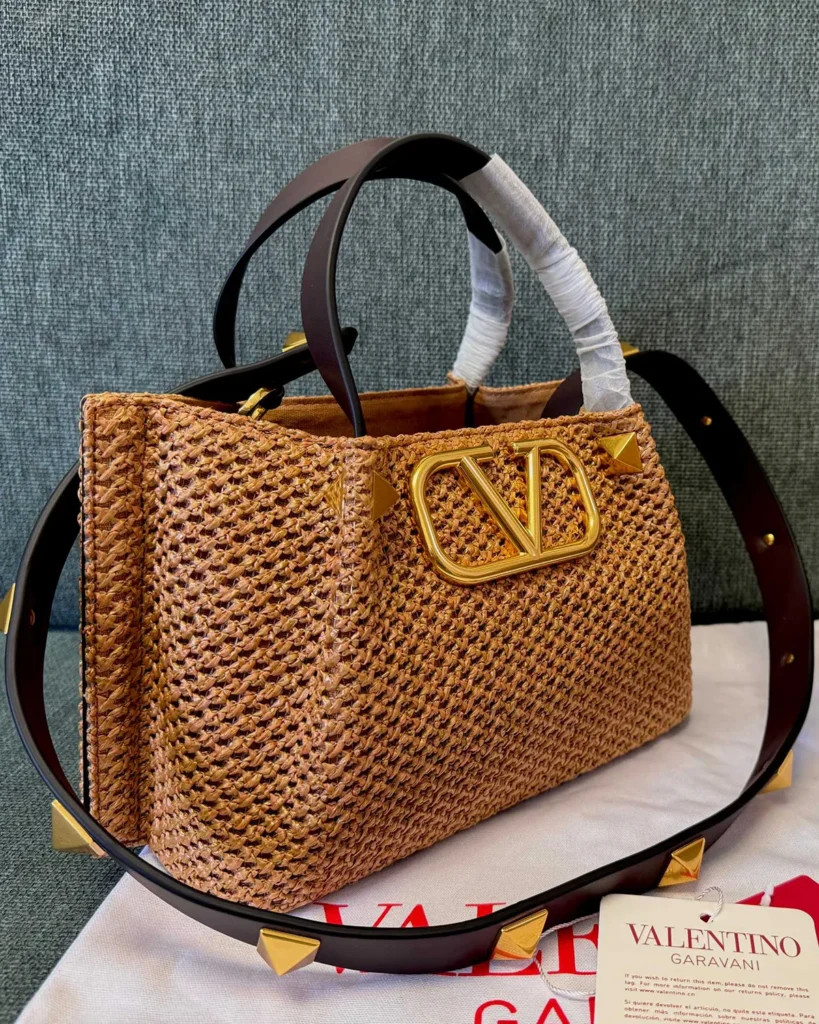 Tan Woven Top-Handle Tote — angled front view
