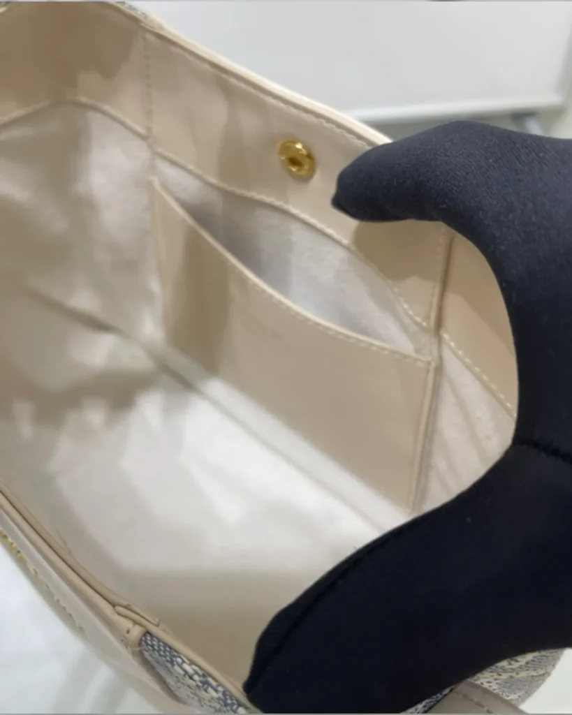 Cream and Blue Monogram Panel Tote — interior view