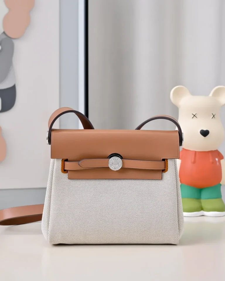 Cream Canvas-Texture Tan Flap Bag — front view