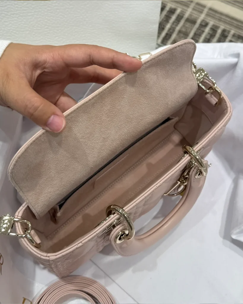 Powder Pink Quilted East West Handbag — interior view