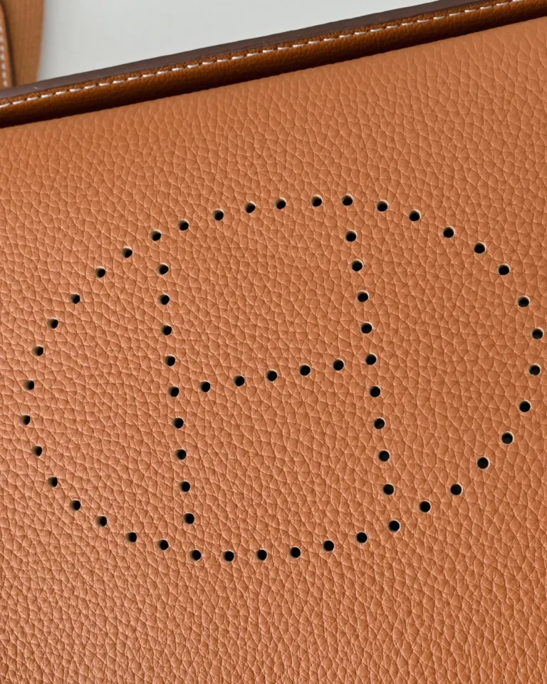 Videpoches-Inspired Tan Structured Crossbody Pouch, perforated motif close-up