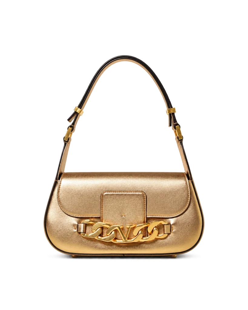 Upright front view of a metallic gold-tone shoulder bag with an adjustable strap and chunky chain detail