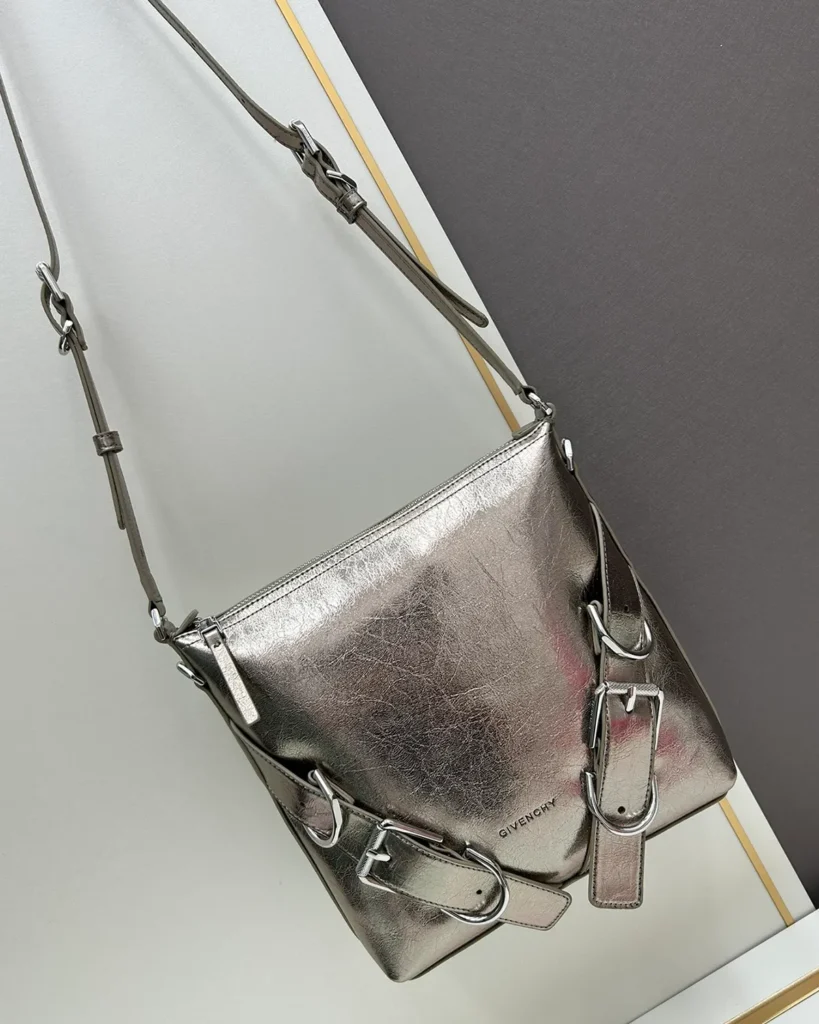 Metallic Silver Buckle Shoulder Bag — shoulder view view