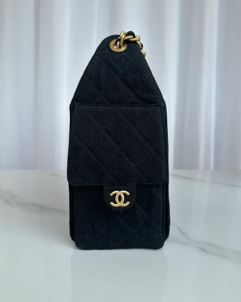 Dark Navy Quilted Chain Drawstring Tote — side view