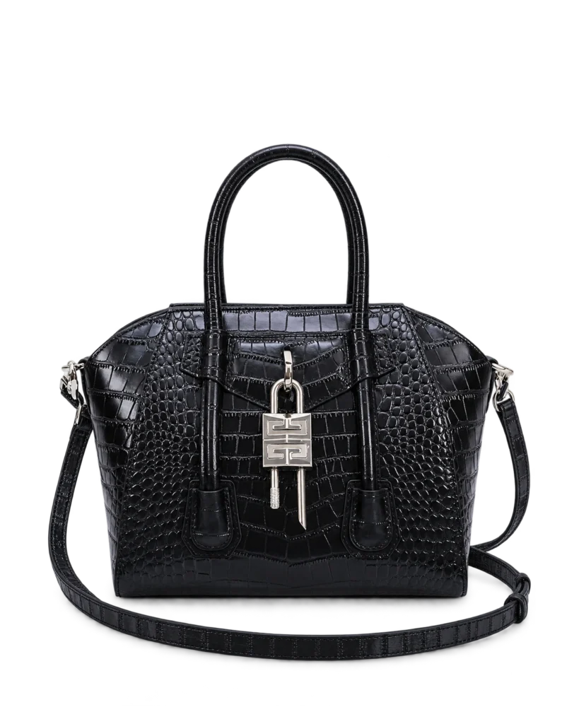 Black Scale-Texture Padlock Satchel — upright front view