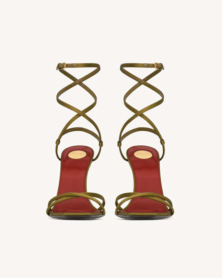 Olive Satin-Style Crisscross Sandals with Gold-Tone Cassandre-Style Heel