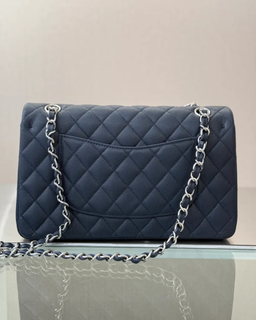 Slate Blue Quilted Chain Flap Bag — rear view