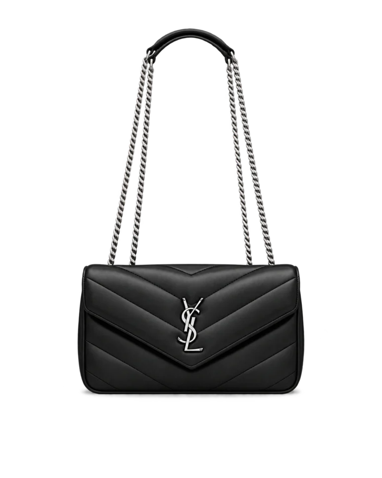 Black Chevron Flap Bag with Silver-Tone Chain — upright front view
