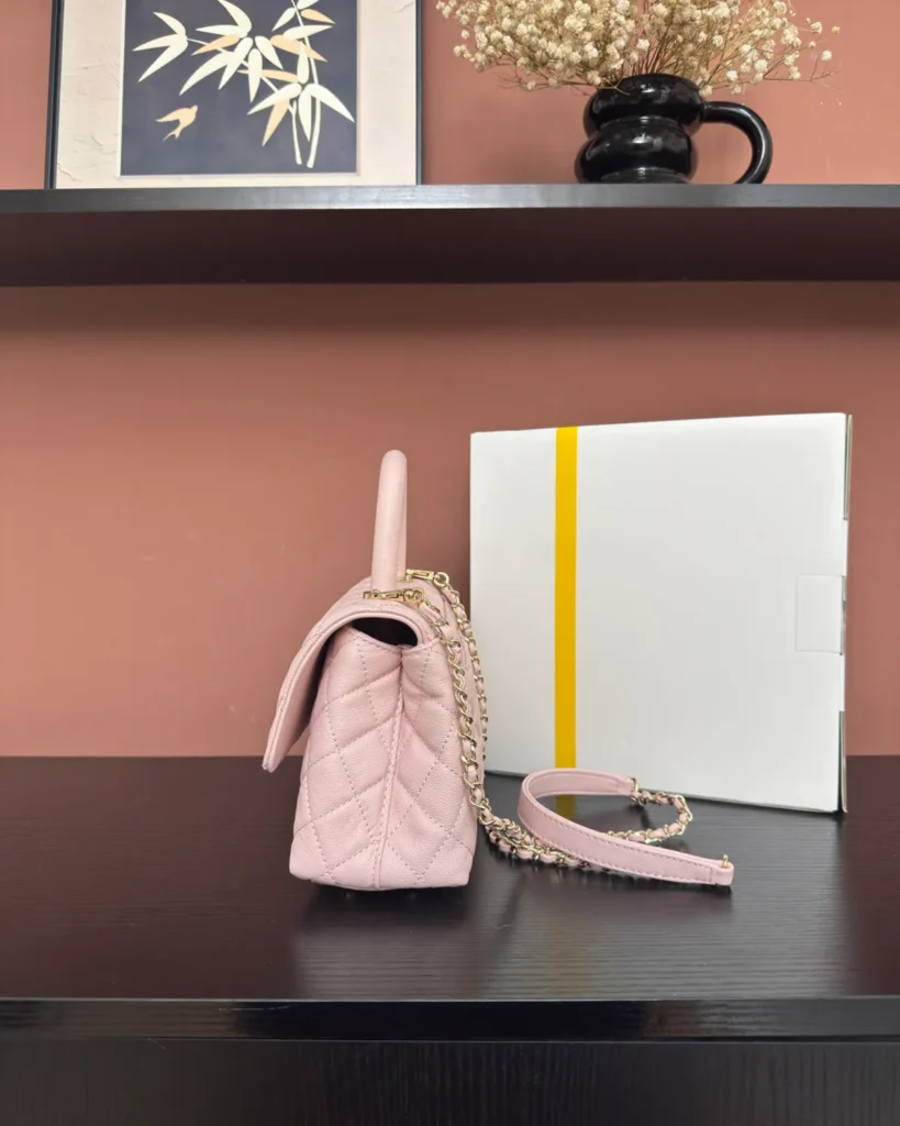 Light Pink Quilted Top-Handle Flap Bag — side view