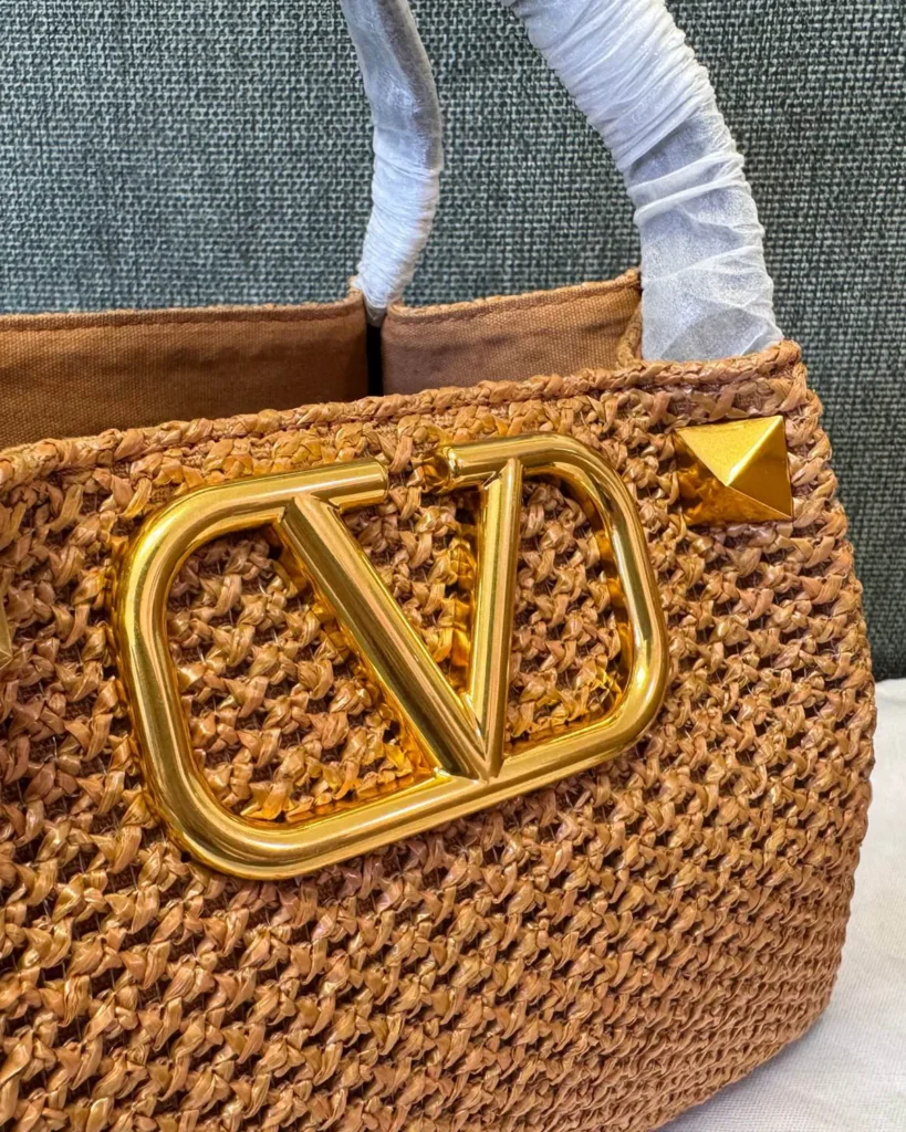 Tan Woven Top-Handle Tote — ornament detail view