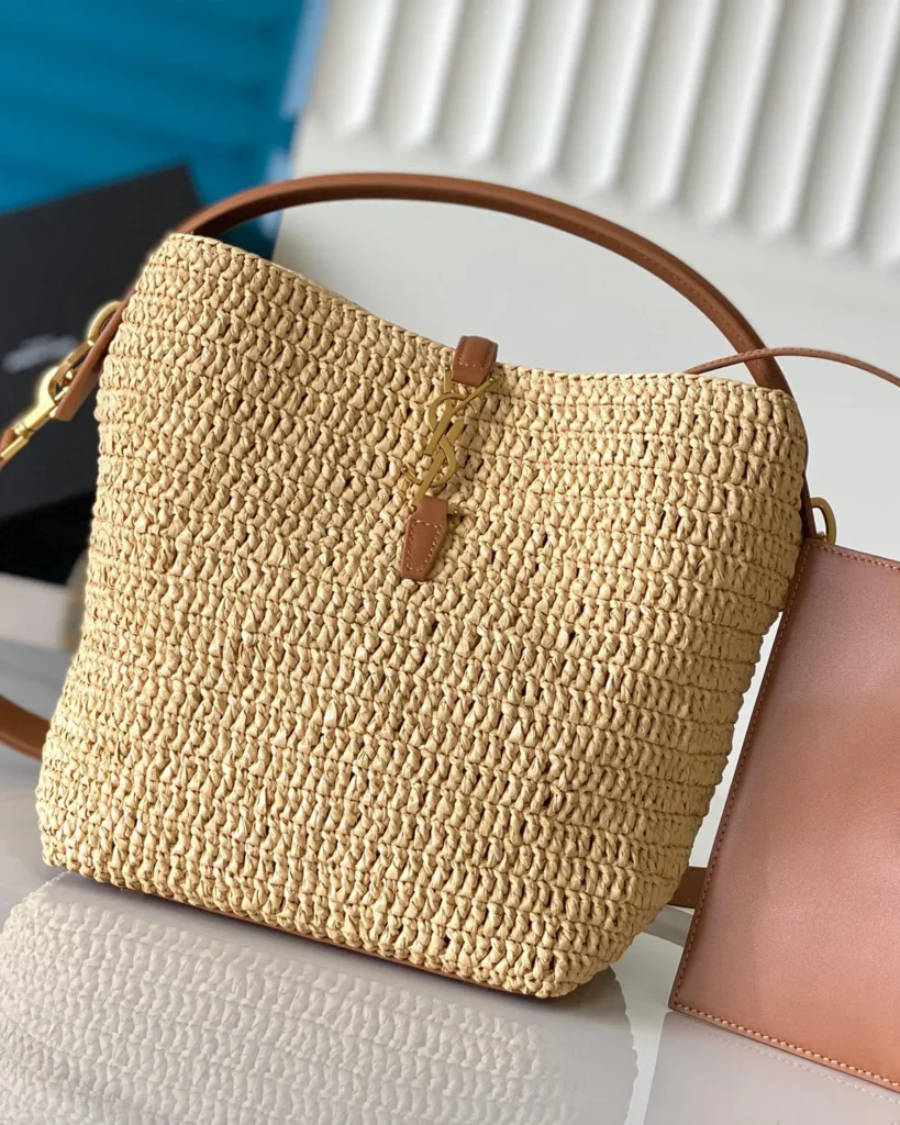 Straw-Tone Woven Bucket Bag with Tan Trim — front view
