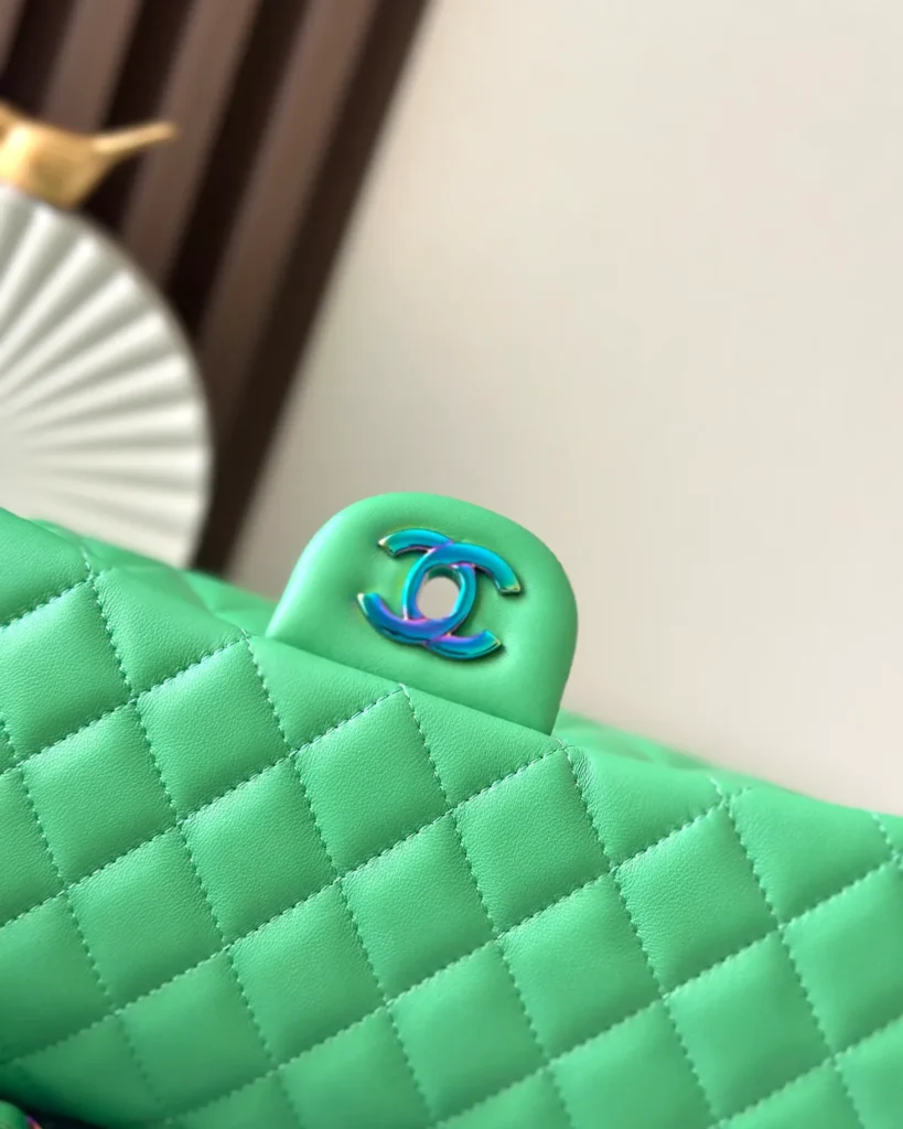 Bright Green Iridescent-Accent Flap Bag — logo detail view