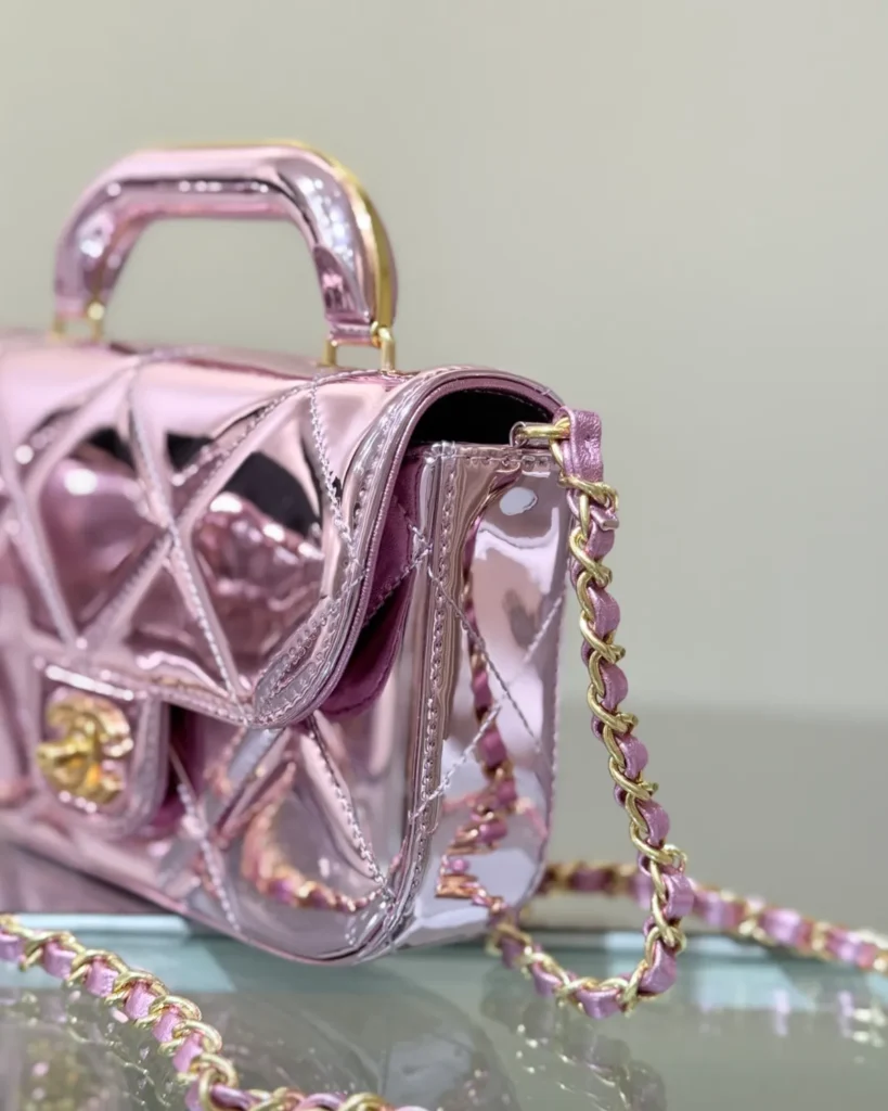 Metallic Pink Quilted Top-Handle Bag — side view