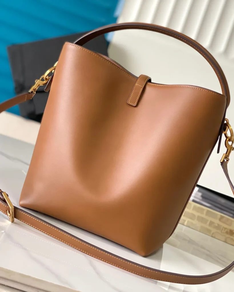 Tan Curved-Top Bucket Bag — rear view