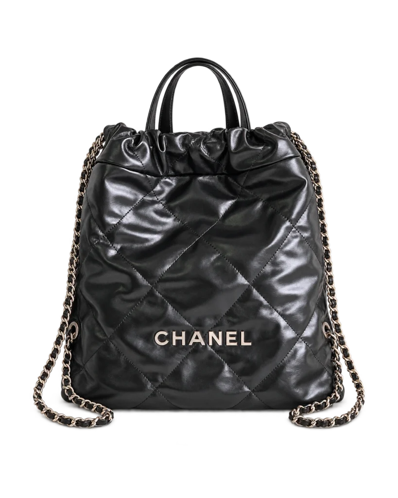 Glossy Black Quilted Gathered Tote — upright front view