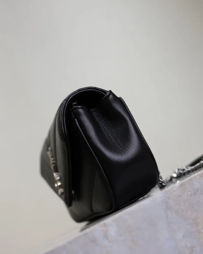 Black Chevron Flap Bag with Silver-Tone Chain — side view