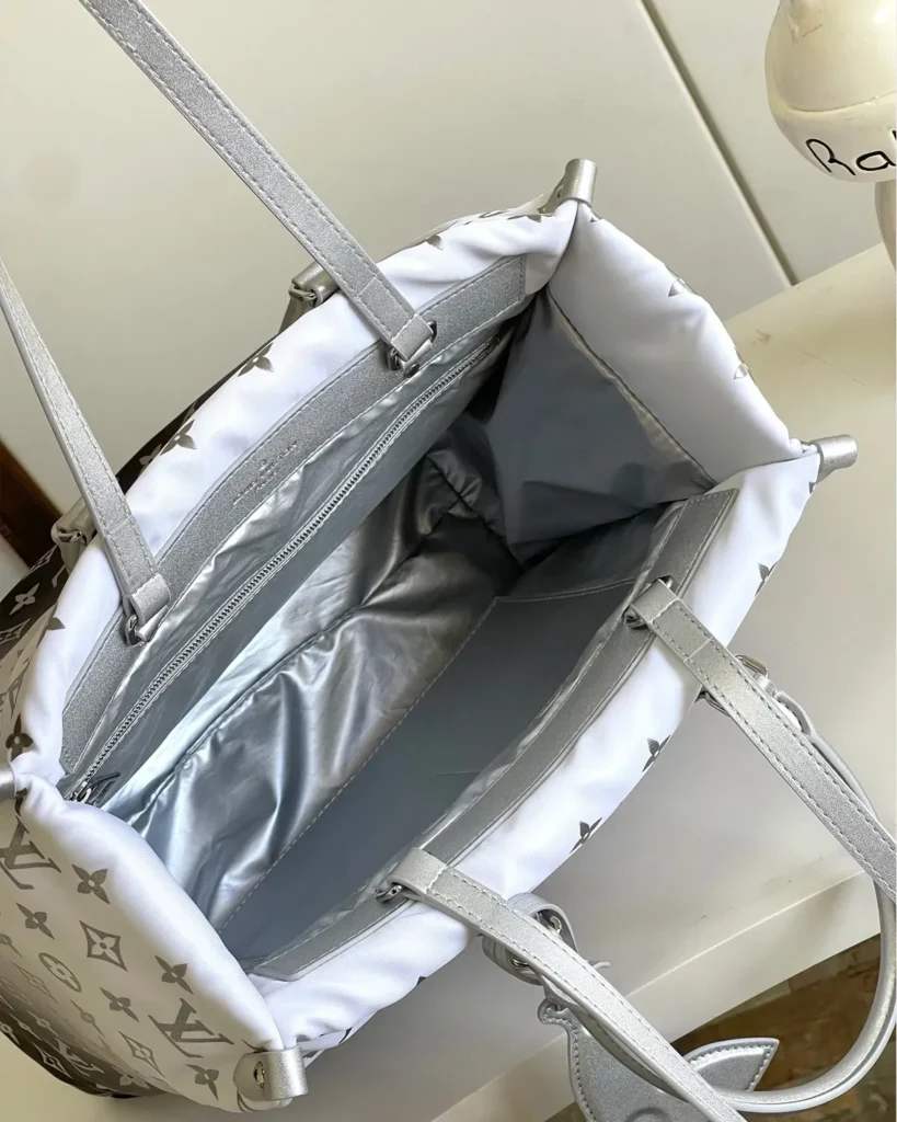 Silver-to-Black Monogram Flower-Charm Tote — interior view