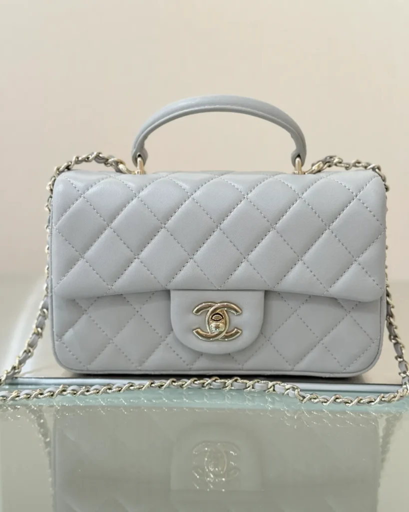 Pale Grey Quilted Top-Handle Flap Bag — front view
