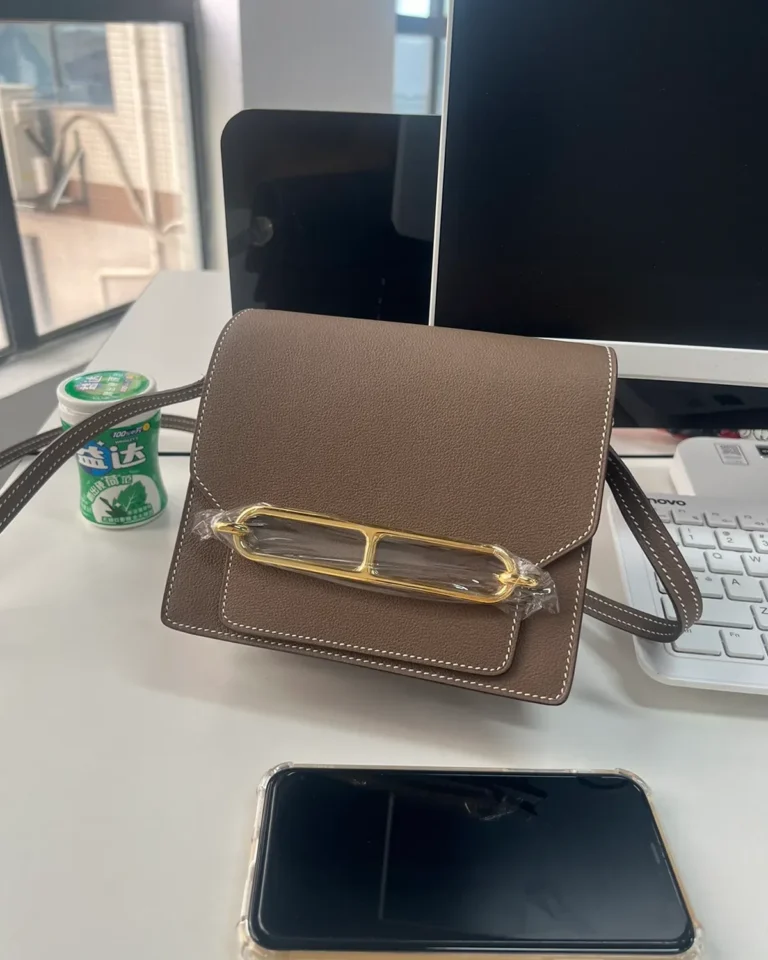 Taupe Link-Clasp Shoulder Bag — angled front view