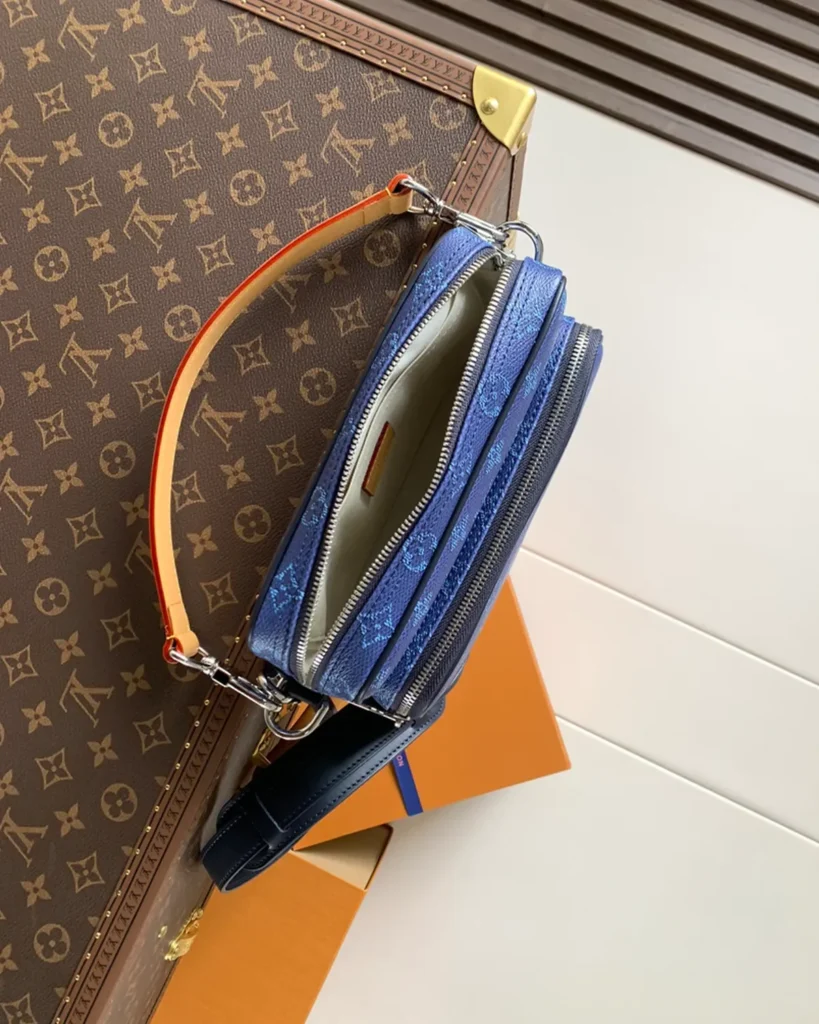 Blue Monogram Dual Zip Camera Bag — interior view