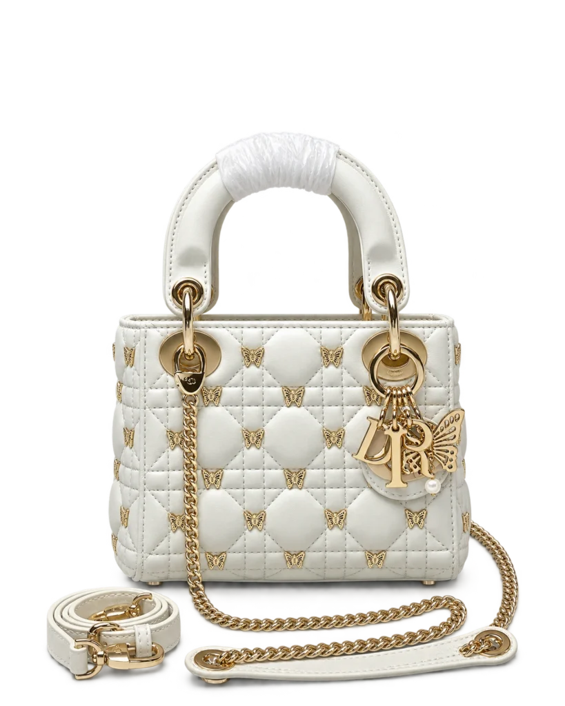 Ivory Butterfly Stud Quilted Top Handle Bag — upright front view