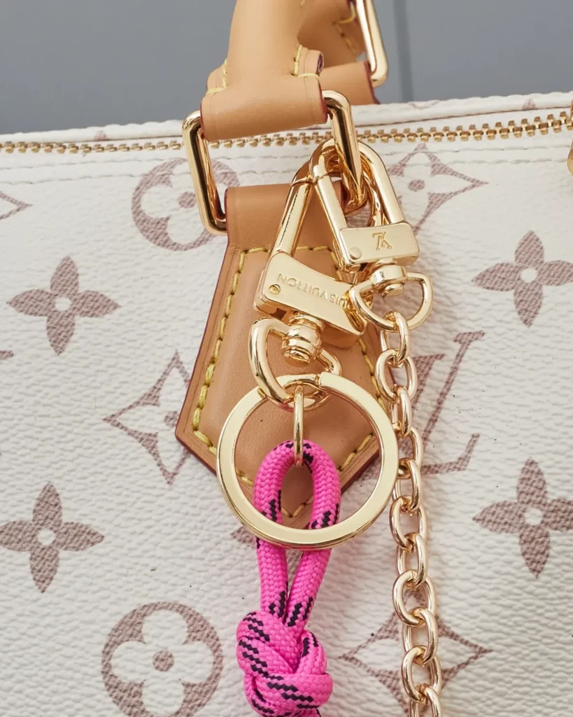 Cream Monogram Top-Handle Bag with Colorful Charms — handle charms view
