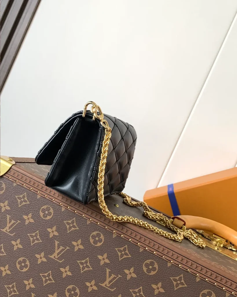 Black Quilted Chain Flap Bag — side view
