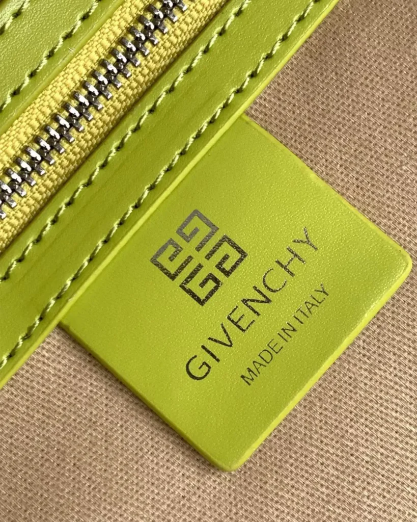 Lime Green Architectural Top Handle Bag — interior label view