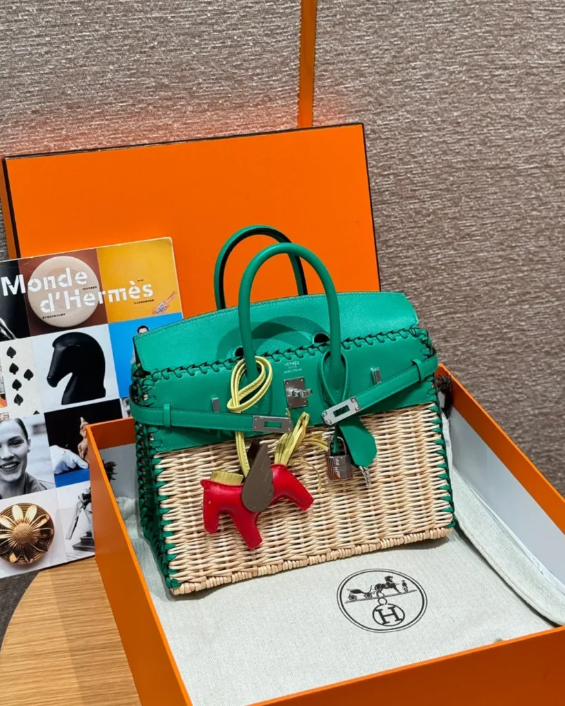 Birkin-Inspired 25 Green Woven Picnic Tote, front display with accessories