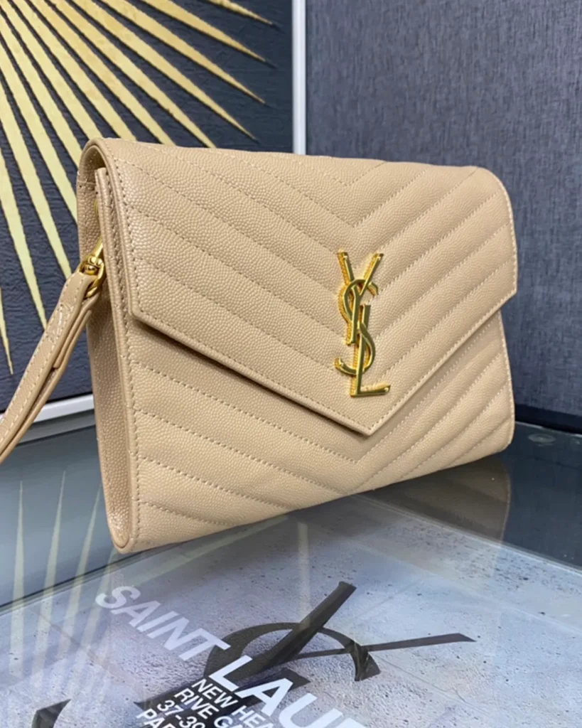 Beige Chevron Envelope Chain Wallet — angled front view
