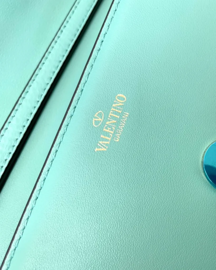 Mint Green Stone-Detail Flap Shoulder Bag — interior lettering view