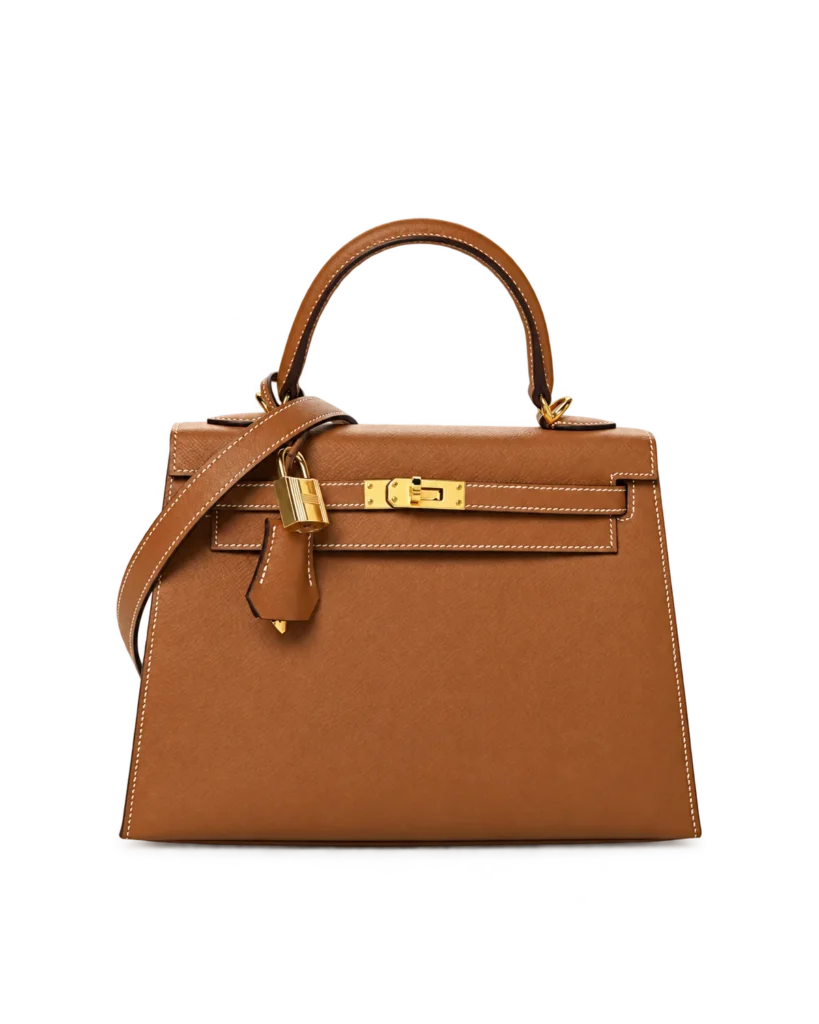 Kelly-Inspired 25 Gold Tan Structured Bag, front with hanging hardware