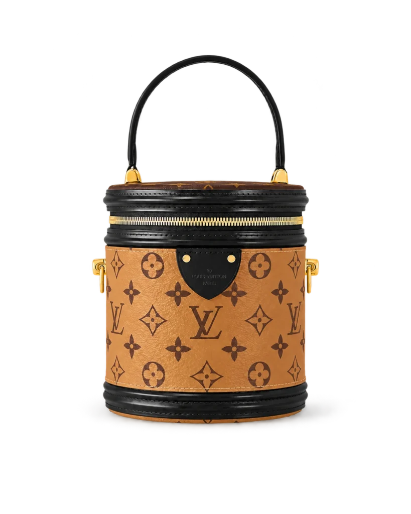 Tan Monogram Cylindrical Vanity Bag — upright front view