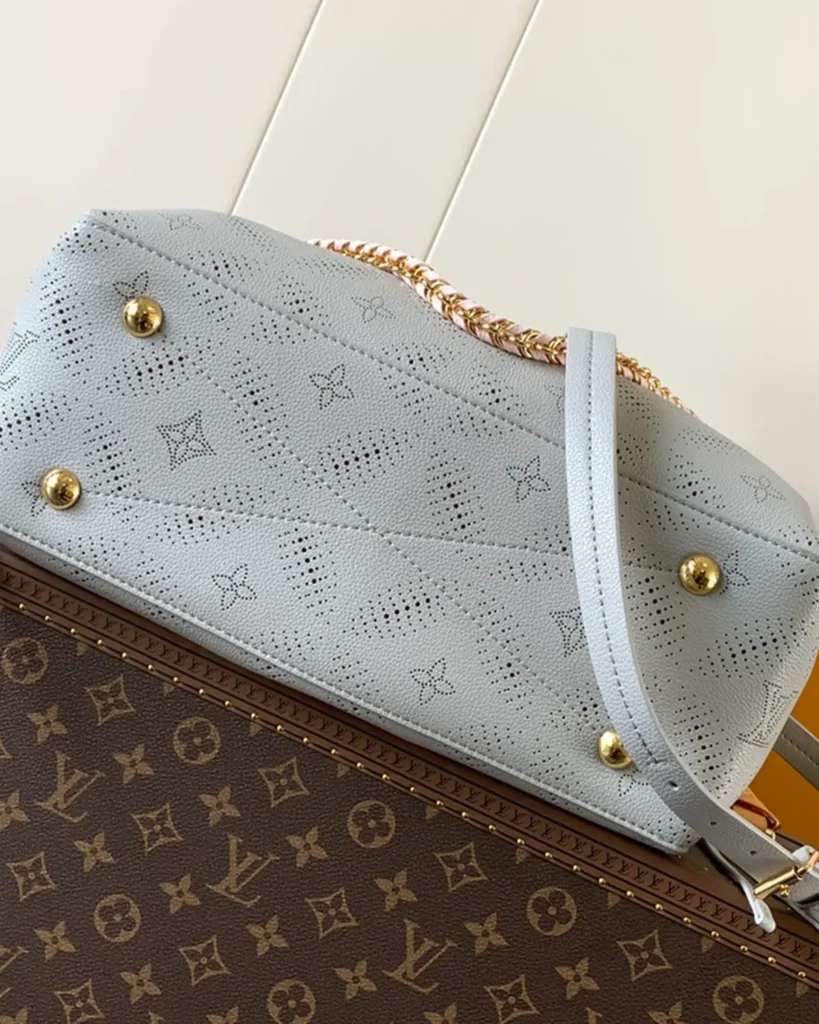 Pale Gray Perforated Monogram Chain Tote — base view